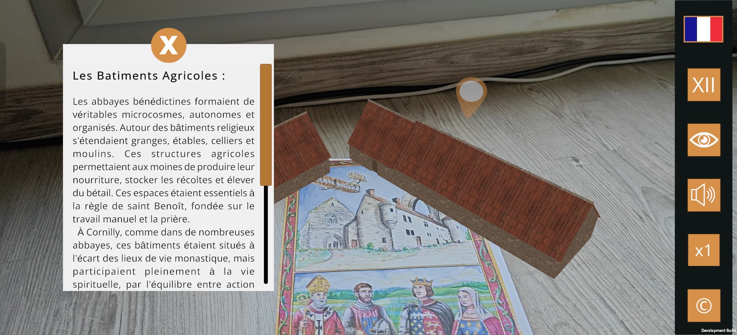 Téléphone en paysage affichant une fiche historique et la restitution AR de Cornilly