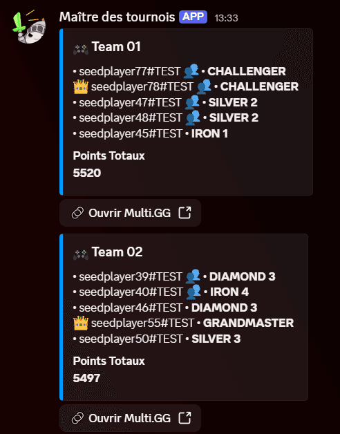 Compositions équilibrées publiées par le bot dans Discord