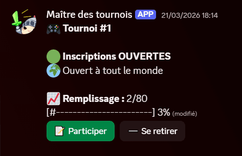 Panneau Discord des inscriptions au tournoi sur ordinateur